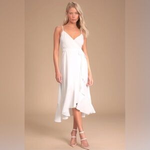 Lulus manhattan moment white ruffled midi wrap dress